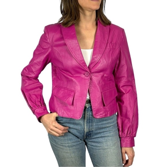 metrostyle Jackets & Blazers - METRO STYLE Y2K HOT PINK LEATHER PUFF SLEEVE TAILORED BARBIE BLAZER JACKET